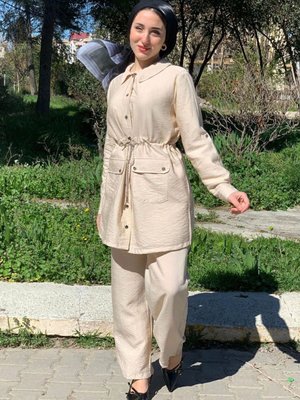 Bej Parlak Bağcıklı İkili Takım Bej Parlak Bağcıklı İkili Takım