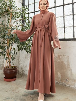 Liva Kolları Taşlı Abaya Camel Liva Kolları Taşlı Abaya Camel