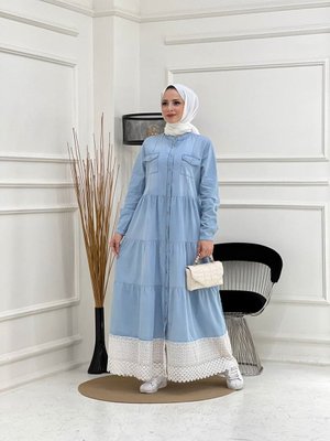 Dantelli Doğal Kumaşlı Boydan Düğmeli Kot Elbise Mavi