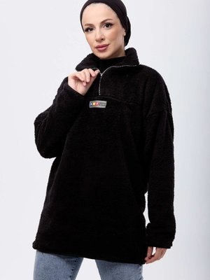 Sıyah Yarım Fermuarlı Peluş Sweatshirt