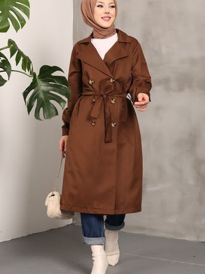 Kahverengi Kruvaze Yaka Düğmeli Trençkot Kahverengi Kruvaze Yaka Düğmeli Trençkot
