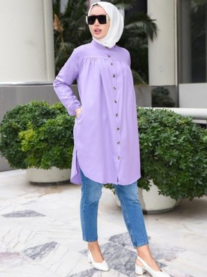Lila Yandan Cepli Düğmeli Tunik