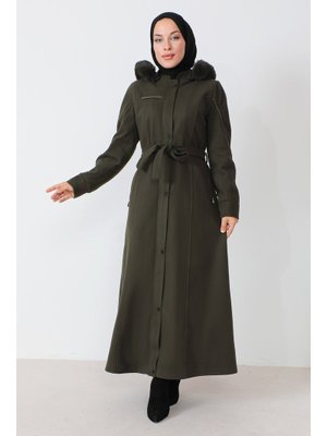 Haki Deri Detaylı Tam Boy Kaşe Kaban Haki Deri Detaylı Tam Boy Kaşe Kaban