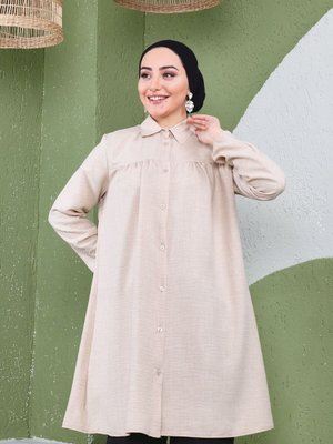Önü Büzgülü Kolu Lastikli İthal Keten Tunik Gömlek