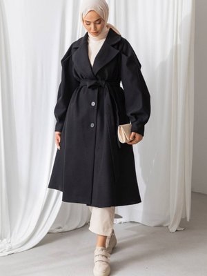 Kuşak Detaylı Gizli Cepli Oversize Cm Siyah Kaşe Kumaş Kaban