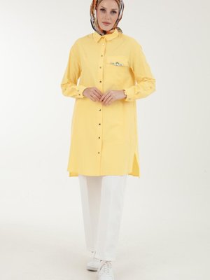 Cebi Taş Işlemeli Yırtmaç Detaylı Tunik Sarı