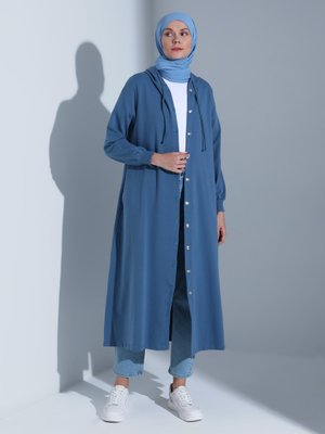 İndigo Kapüşon Detaylı Çıtçıtlı Spor Pardesü