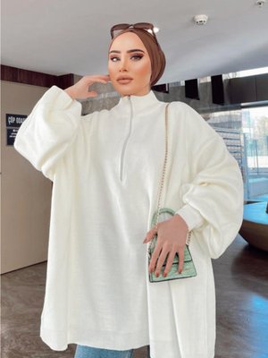 Fermuarlı Triko Tunik Ekru
