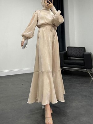 Olina Balon Kol Elbise Krem Olina Balon Kol Elbise Krem