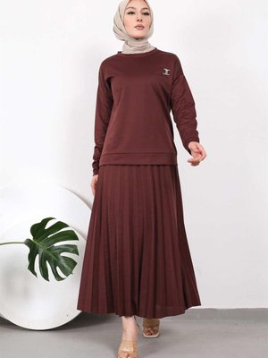 Kahverengi Bronşlu Pliseli Scuba Krep Takım