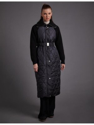 Kemerli Triko Garnili Dik Yaka Siyah Mont