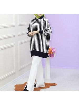 Siyah Beyaz Çizgili Oversize Kesim Polo Yaka Sweatshirt Tunik