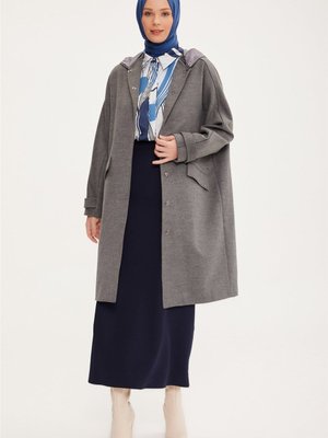 Kapüşonlu Kaşe Kaban Gri