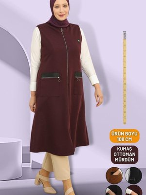 Mürdüm Kadin Buyuk Beden Uzun Yelek Deri Detaylı Yüksek Kaliteli Mevsimlik Kislik