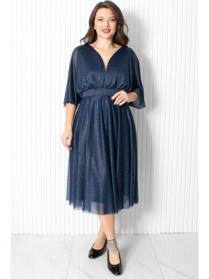 Lacivert Simli Tül Abiye Elbise