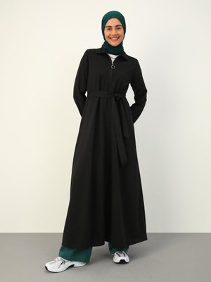 Siyah Fermuar Detaylı Şık Kuşaklı Kap / Pardesü