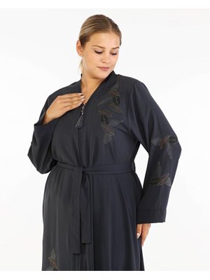 Antrasit Yaprak Desenli Taşlı Nakışlı Abaya
