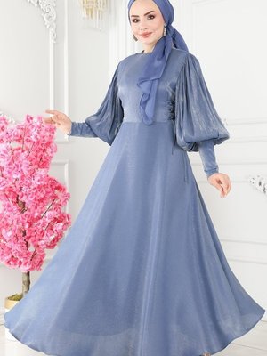 Mavi Yandan Bağlamalı Simli Saten Abiye Elbise