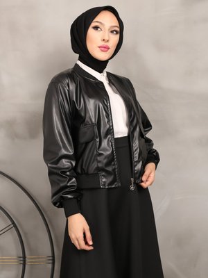 Siyah Fermuarlı Deri Mont