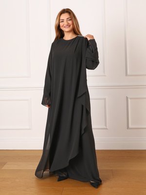 Siyah Büyük Beden Tül Detaylı Abiye Elbise