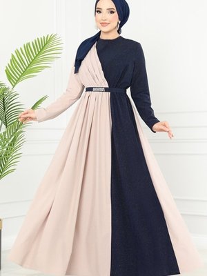 Vizyon & Lacivert Çift Renkli Kemerli Elbise