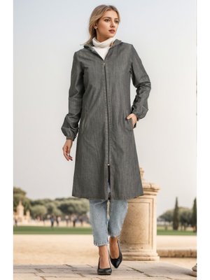 Gri Kapüşonlu Fermuarlı Kot Kap Gri Kapüşonlu Fermuarlı Kot Kap