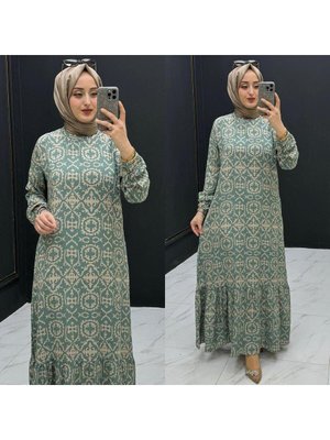 Mint Yeşili Viskon Kumaş Seyyar Kemerli Arka Fermuarlı Elbise
