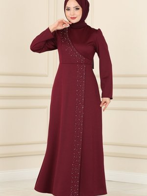 Bordo İnci İşlemeli Elbise Bordo İnci İşlemeli Elbise