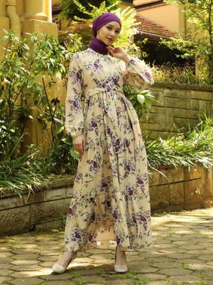 Hakim Yaka Çiçekli Elbise Lila Hakim Yaka Çiçekli Elbise Lila