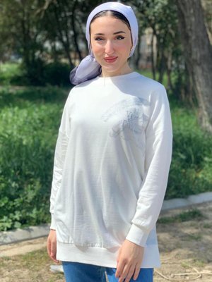 Ekru/gümüş Yazı Kabartmalı Sweat