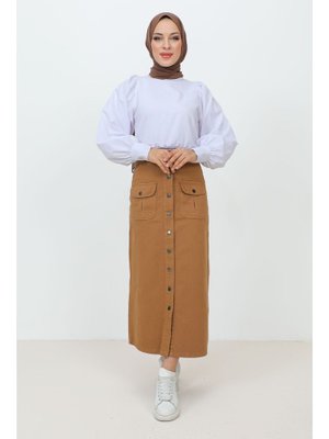 Taba Boydan Düğmeli Cepli Uzun Kot Etek Taba Boydan Düğmeli Cepli Uzun Kot Etek