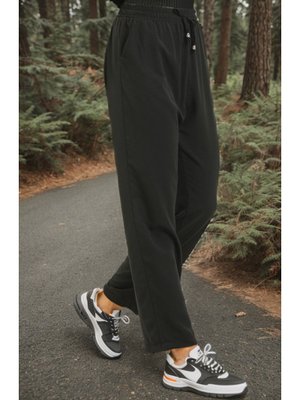 Siyah Beli Lastikli Cepli Keten Pantolon