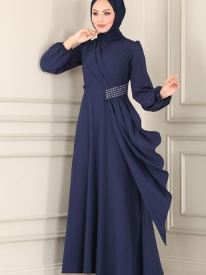 Lacivert Beli Drapeli Elbise