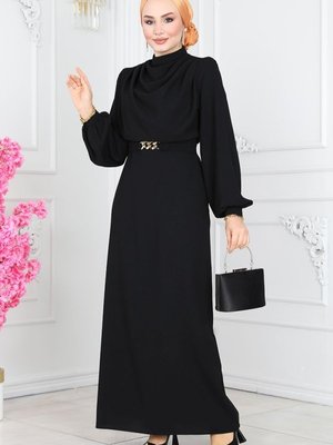 Siyah Degaje Yaka Kemerli Elbise