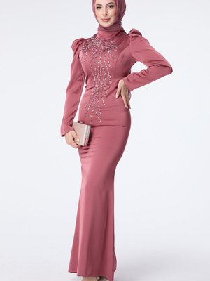 Gul Önü Taş Desen Kolları Büzgülü Abiye Elbise