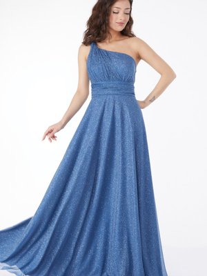 Düz Orta İndigo Tek Omuzlu Simli Abiye Elbise