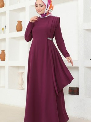 Mürdüm Drapeli Pul Detaylı Elbise Mürdüm Drapeli Pul Detaylı Elbise