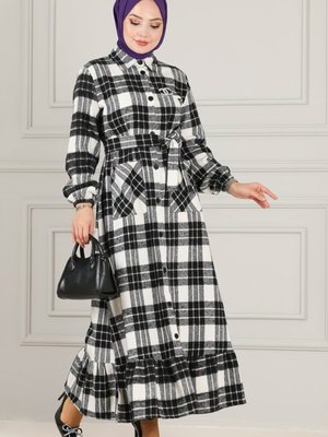 Siyah & Ekru Eteği Fırfırlı Ekose Elbise