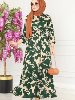 Zümrüt Desenli Kemerli Helen Elbise