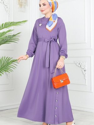 Lila Aksesuar Düğmeli Mira Elbise