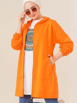 Kapüşonlu Fermuarlı Uzun Hırka