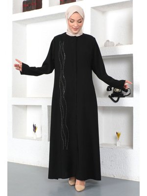 Siyah Önü Dalgalı Pul İşlemeli Ferace Siyah Önü Dalgalı Pul İşlemeli Ferace