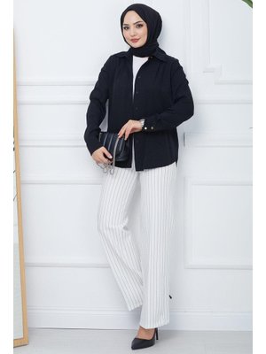 Beyaz Çizgili Bol Paça Krep Pantolon