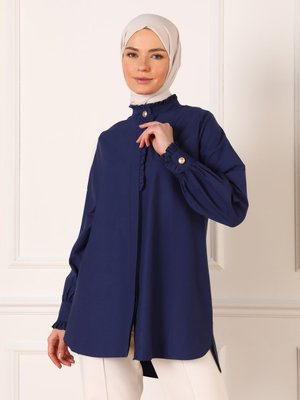 Lacivert Düğme Ve Fırfır Detaylı Poplin Tunik