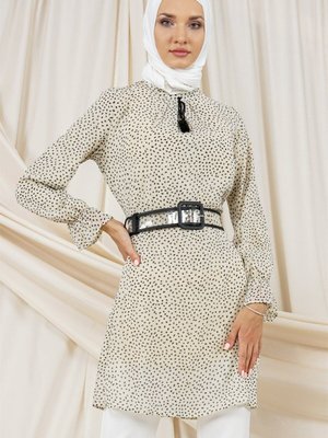 Damla Desenli Kemerli Tunik Krem Damla Desenli Kemerli Tunik Krem