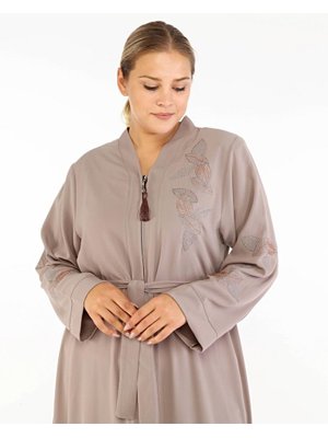Yaprak Desenli Taşlı Nakışlı Abaya Sütlü Kahve