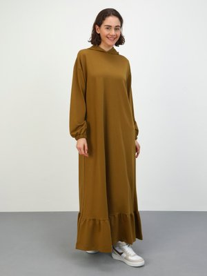 Zeytin Yeşili Etek Ucu Fırfırlı Elbise