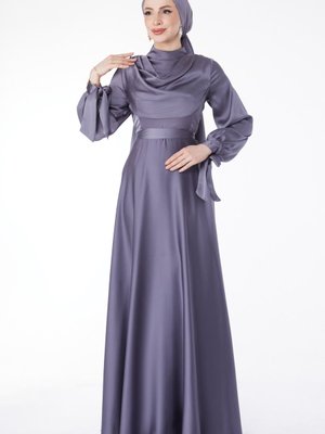 Düz Füme Degaje Yaka Kuşaklı Abiye Elbise