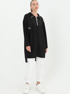 Siyah Yarı Fermuarlı Tunik