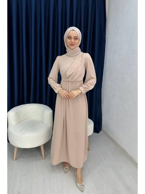 Krem Pileli Uzun Abiye Elbise